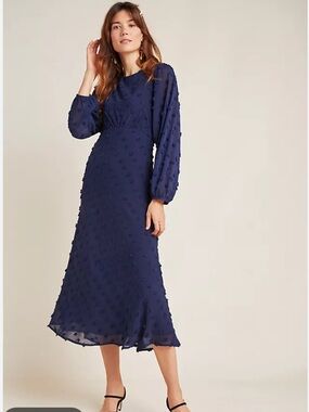 Textured Navy Long-Sleeve Midi Dress